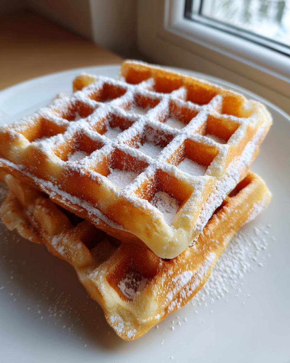 Two golden brown Belgian Waffles stacked on a white plate, generously dusted with powdered sugar.