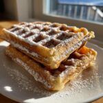 Two golden brown Belgian Waffles stacked and dusted heavily with powdered sugar.
