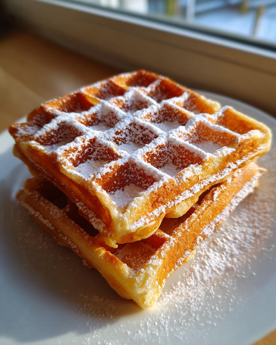 Close-up of two stacked, golden brown Belgian Waffles dusted generously with white powdered sugar.