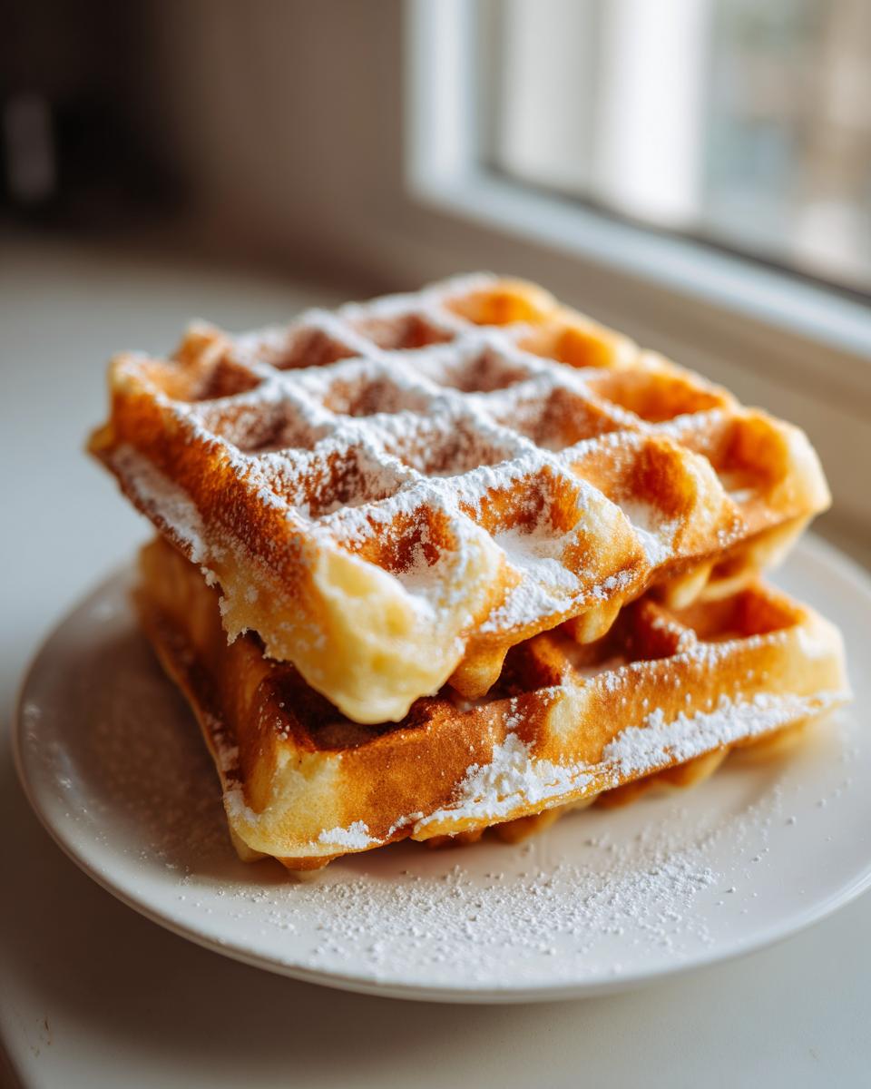 Two golden brown Belgian Waffles stacked on a white plate and dusted generously with powdered sugar.