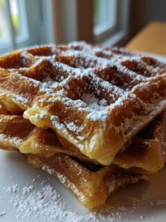 A close-up of three golden brown Belgian Waffles stacked and dusted generously with powdered sugar.