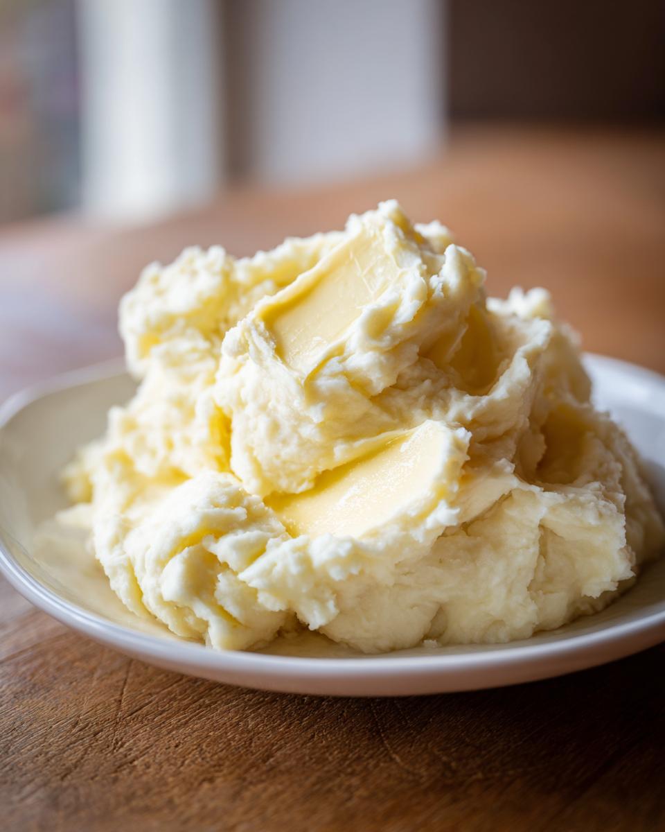 A close-up of creamy Best Mashed Potatoes topped with melting pats of butter in a white bowl.