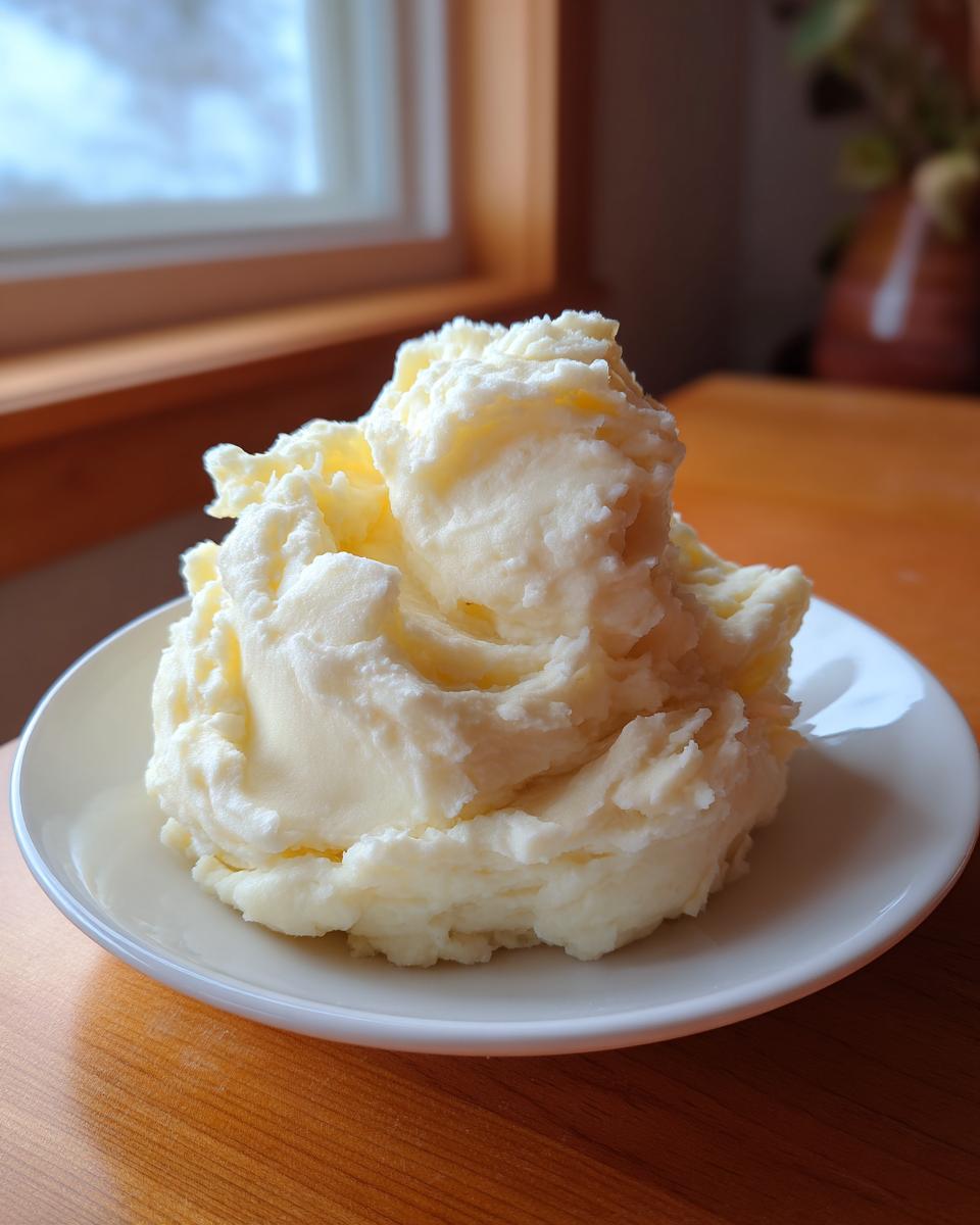A generous, fluffy mound of creamy Best Mashed Potatoes served on a small white plate near a window.