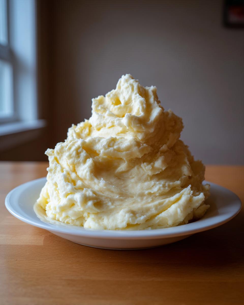 A tall, creamy mound of the Best Mashed Potatoes served on a white plate on a wooden table.