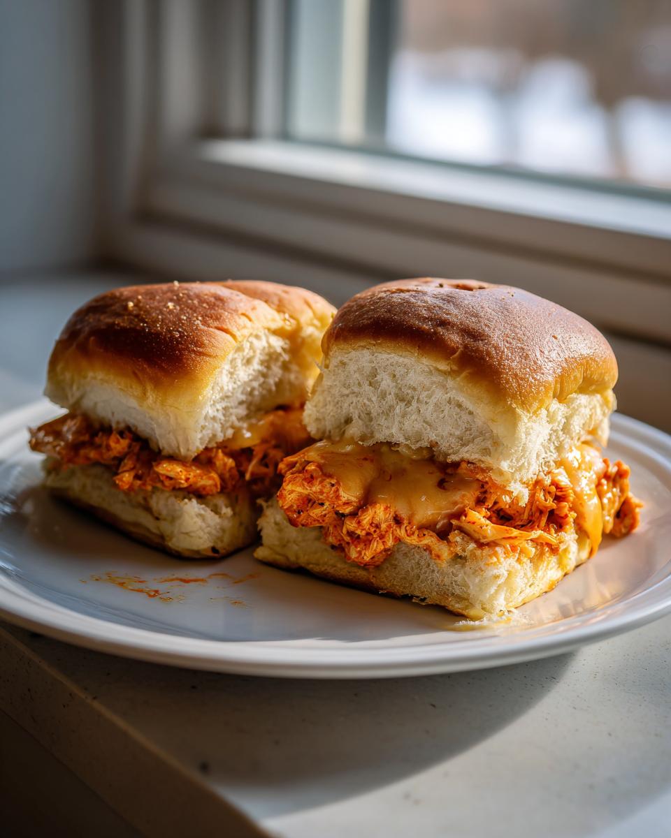Two halves of delicious Buffalo Chicken Sliders filled with shredded chicken and melted cheese on soft rolls.