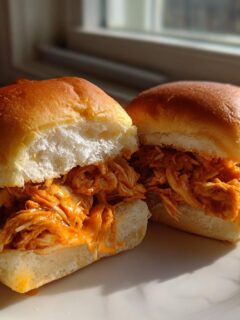 Two delicious Buffalo Chicken Sliders stuffed with shredded, saucy chicken on soft white buns, served on a white plate.