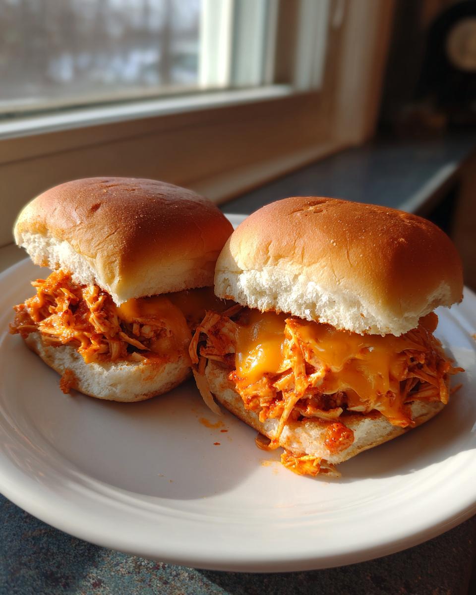 Two delicious Buffalo Chicken Sliders filled with shredded chicken and melted cheddar cheese on a white plate.