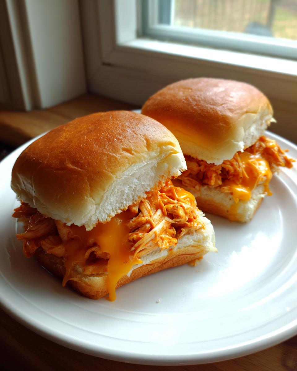 Two delicious Buffalo Chicken Sliders with shredded chicken and melted cheese on soft rolls, served on a white plate.