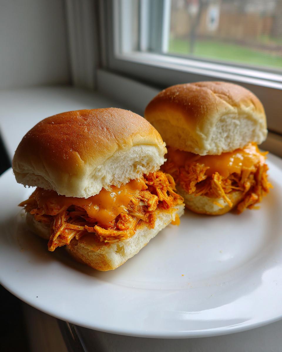 Two small, soft buns filled with shredded, orange-sauced Buffalo Chicken Sliders and melted cheddar cheese, resting on a white plate.