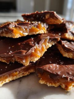 Close-up of broken pieces of Caramel Ritz Cracker Christmas Cookies showing the layers of cracker, gooey caramel, and chocolate topping sprinkled with sea salt.