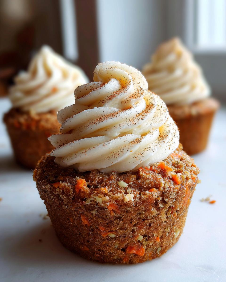 A close-up of one perfectly frosted Carrot Cake Cupcakes, topped with a dusting of cinnamon.
