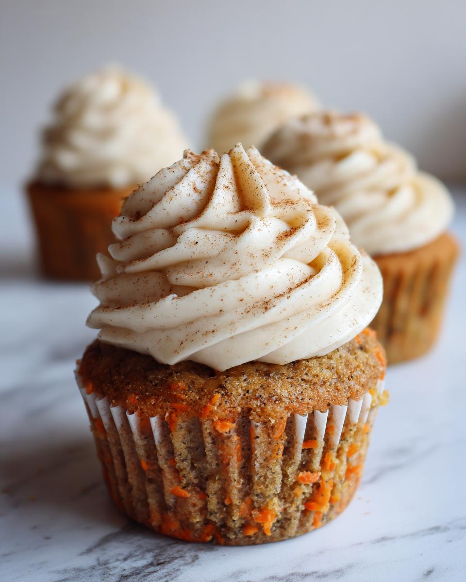 A close-up of one perfectly frosted Carrot Cake Cupcakes, topped with cinnamon spice.