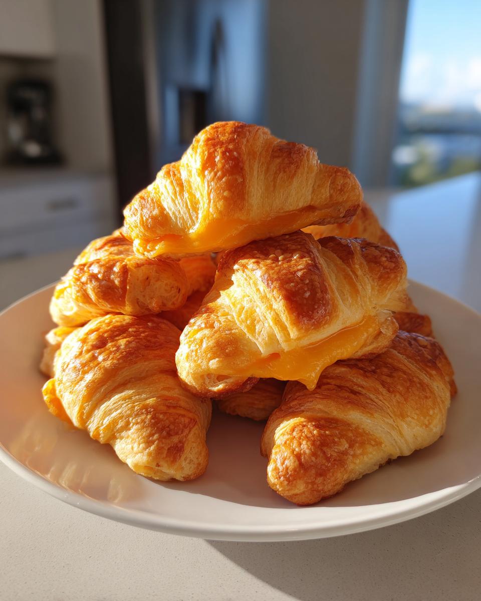 A stack of golden, flaky croissants filled with melted cheese, perfect as Iowa Party Bites.