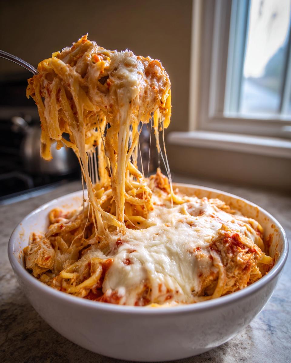 A fork lifts a massive, cheesy portion of Chicken Parmesan Casserole out of a white bowl, showing long cheese pulls.
