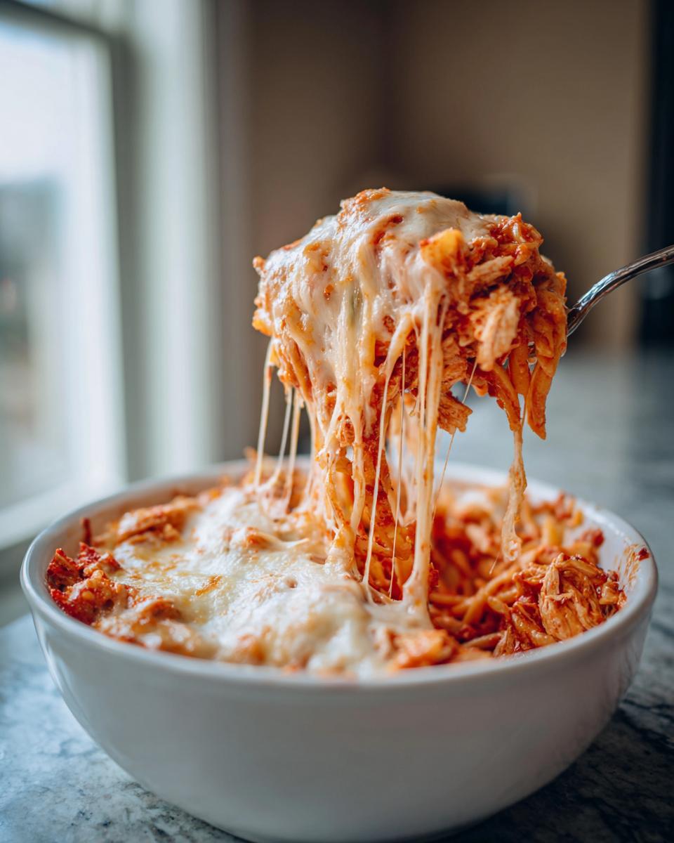 A fork lifts a cheesy portion of Chicken Parmesan Casserole from a white bowl, showing dramatic cheese pulls.