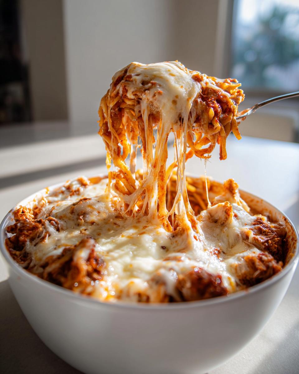A fork lifts a cheesy, saucy portion of Chicken Parmesan Casserole out of a white bowl, showing long cheese pulls.