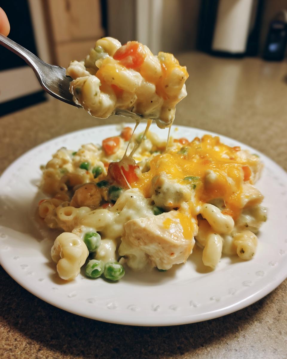 A fork lifting a cheesy bite of Chicken Pot Pie Pasta, featuring macaroni, chicken, peas, and carrots.