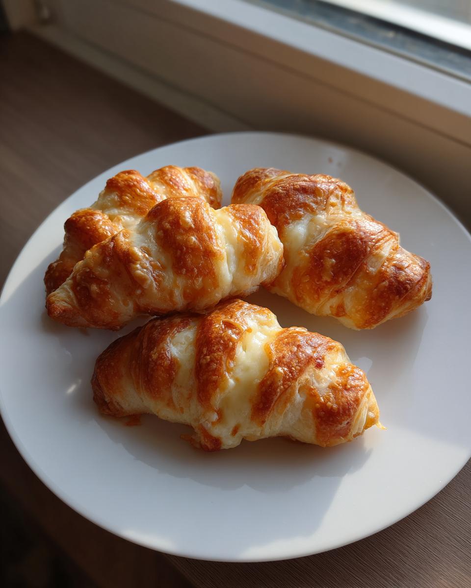 Four cheesy croissant bites arranged on a white plate, perfect for Iowa Party Bites.