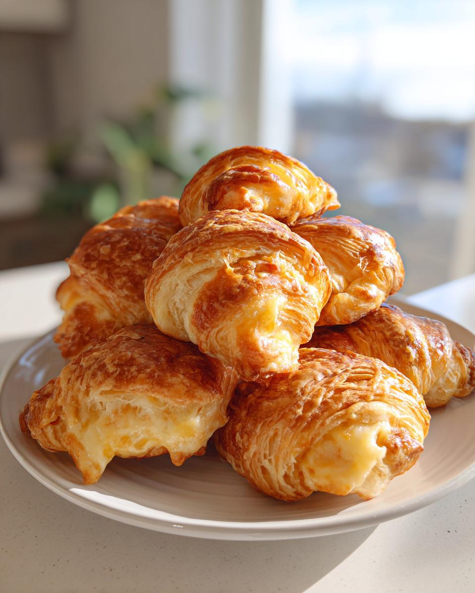 A stack of golden, flaky croissants filled with melted cheese, perfect as Iowa Party Bites.