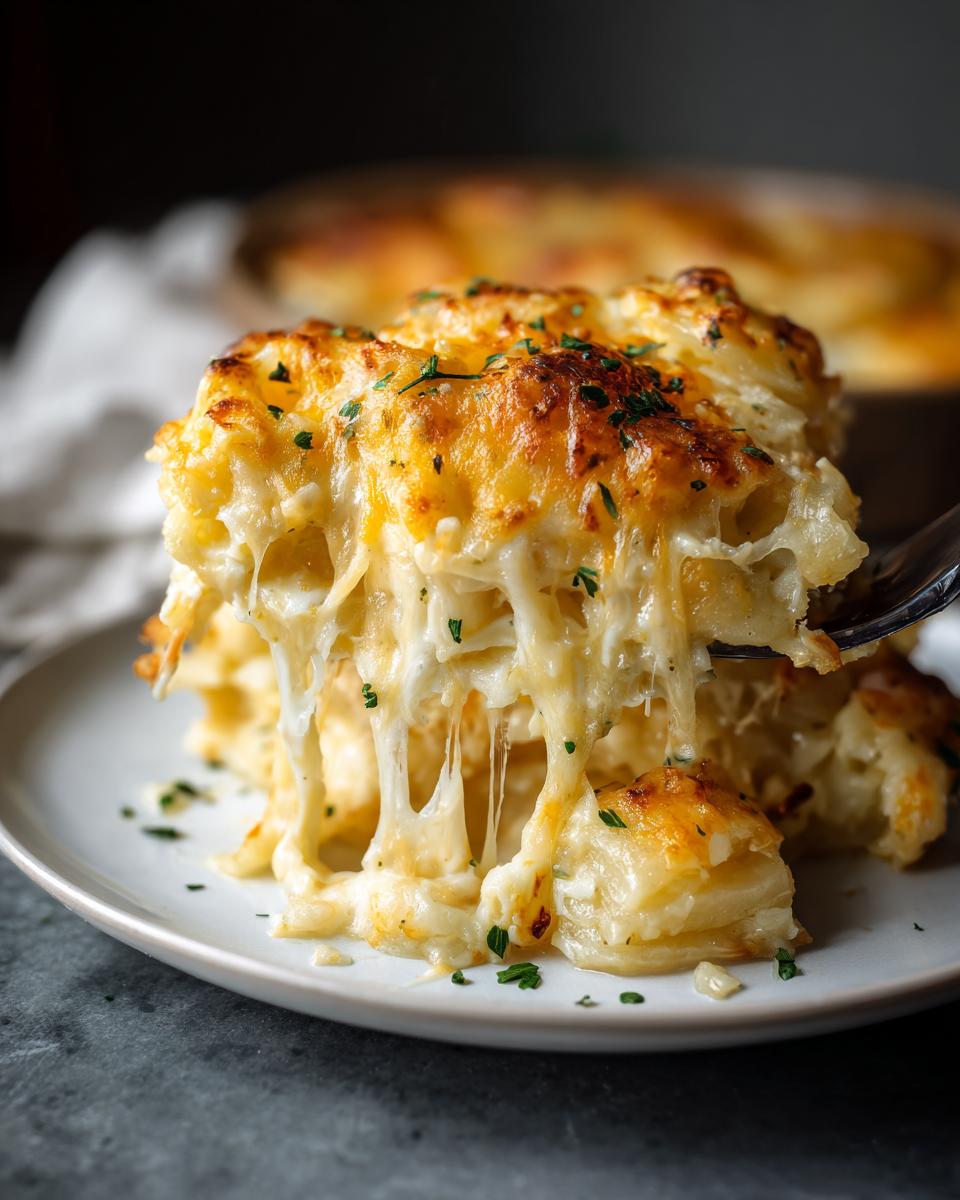 A serving of Cheesy Potato Casserole being lifted, showing extreme, gooey cheese pull and a golden baked top.