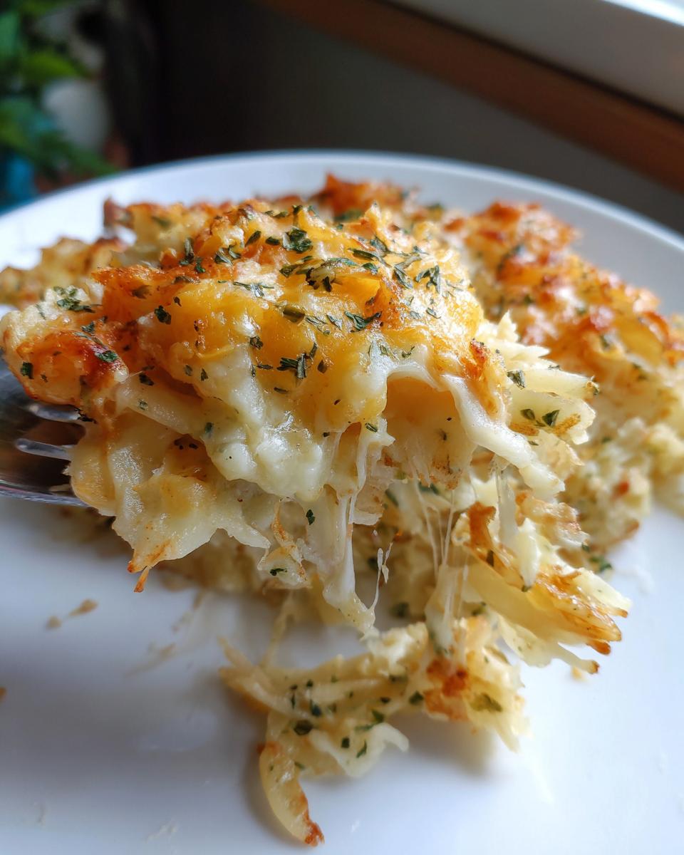 Close-up of a fork lifting a serving of Cheesy Potato Casserole showing melted, stringy cheese.