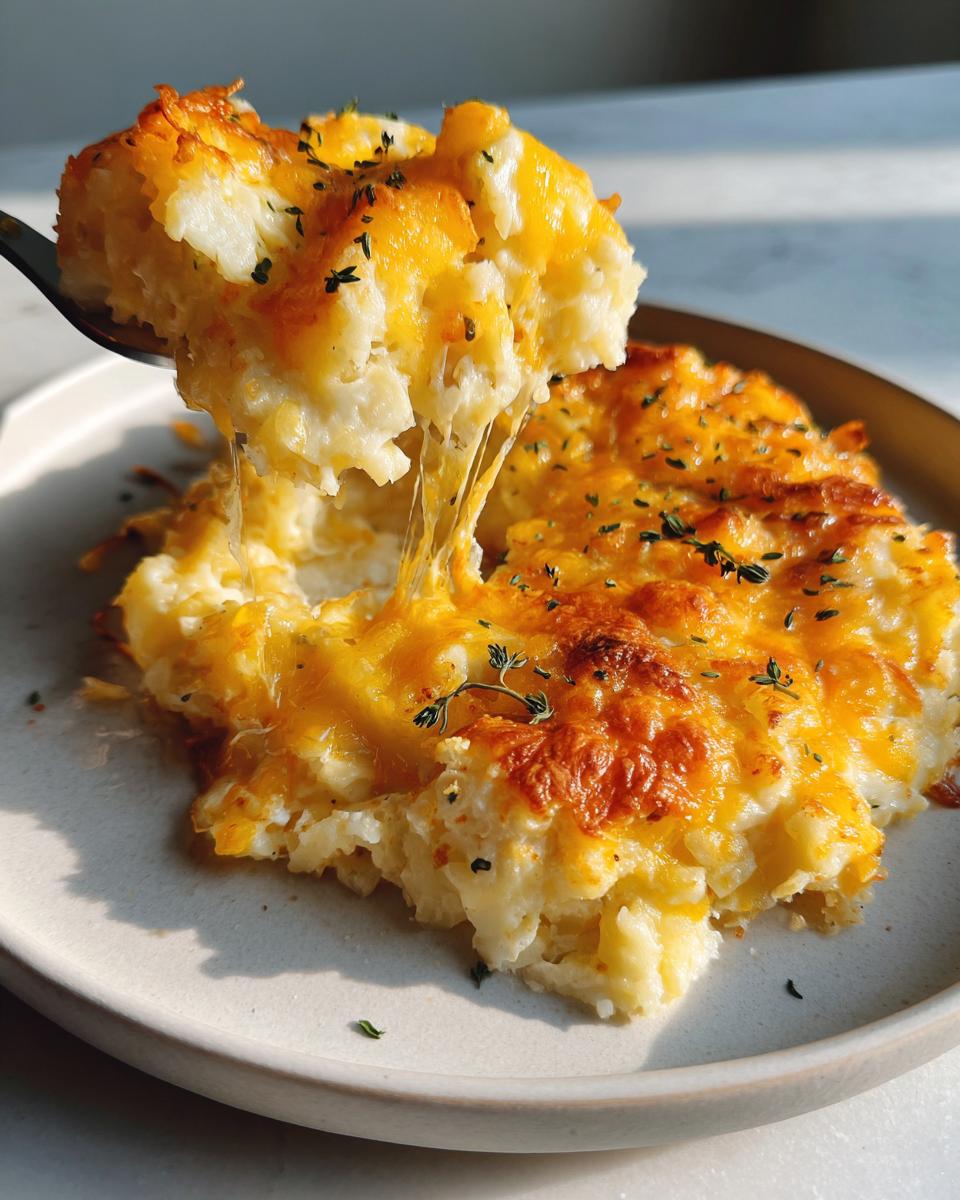 A spoonful of Cheesy Potato Casserole showing a dramatic cheese pull, topped with melted cheddar and herbs.