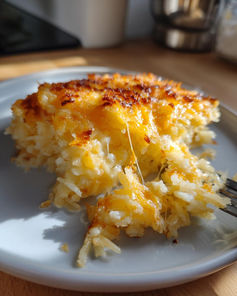 A close-up serving of Cheesy Potato Casserole showing shredded potatoes and a golden, bubbly, melted cheese topping with a cheese pull.
