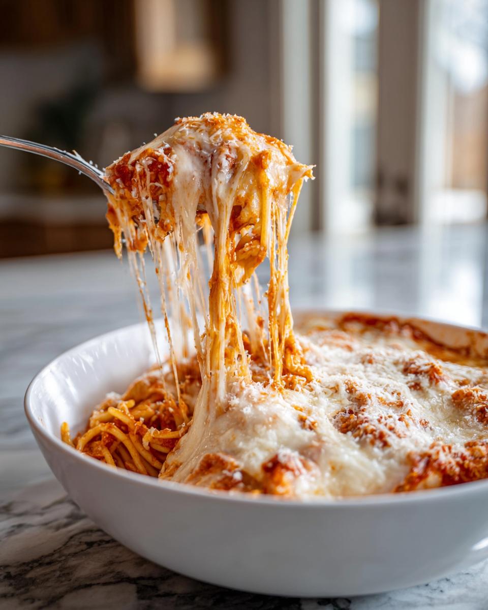 A fork lifts a cheesy, saucy portion of Chicken Parmesan Casserole, showing extreme cheese pull.