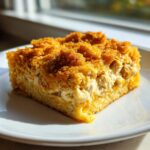 A close-up, tasty shot of a square slice of Chicken And Cornbread Casserole with a creamy filling and crumb topping.