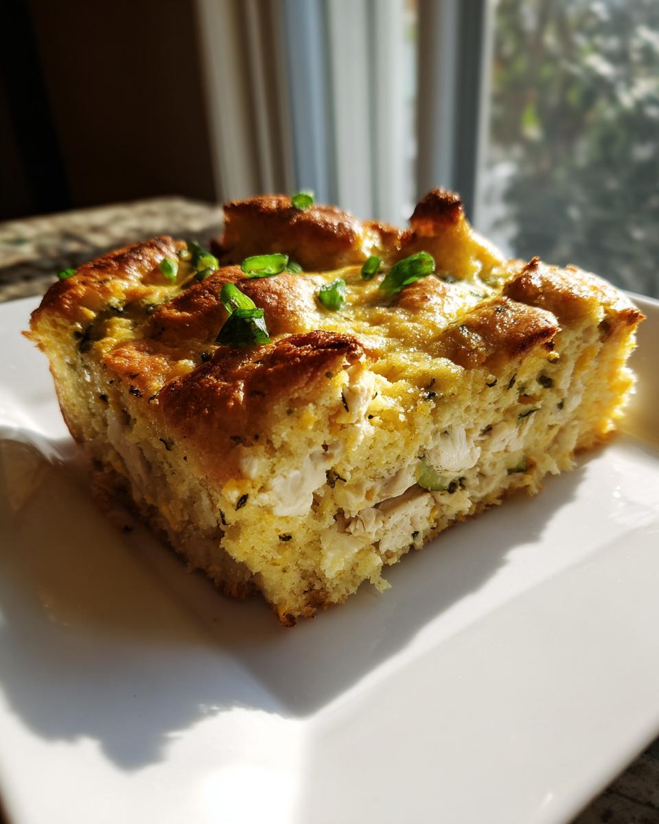 A golden-brown slice of Chicken And Cornbread Casserole showing chunks of chicken, served on a white plate.