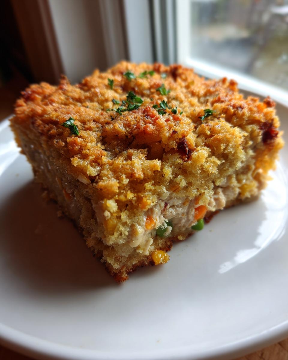 A square slice of Chicken And Cornbread Casserole showing a creamy filling with vegetables and a golden, crumbly cornbread topping.