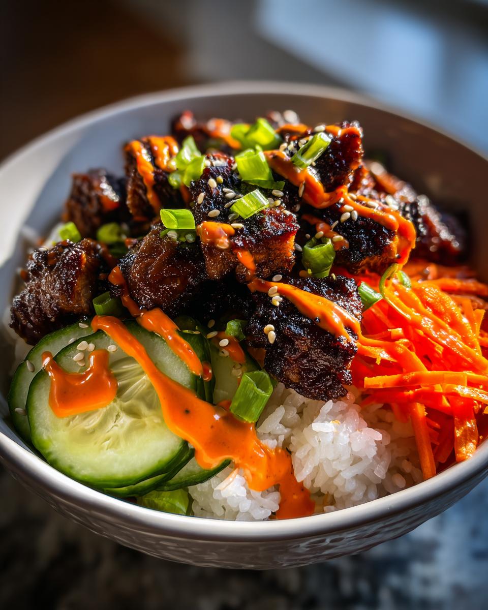 A close-up of Chicken Bulgogi Bowls featuring dark, glazed chicken pieces over rice, topped with Gochujang Spicy Mayo, cucumbers, and carrots.