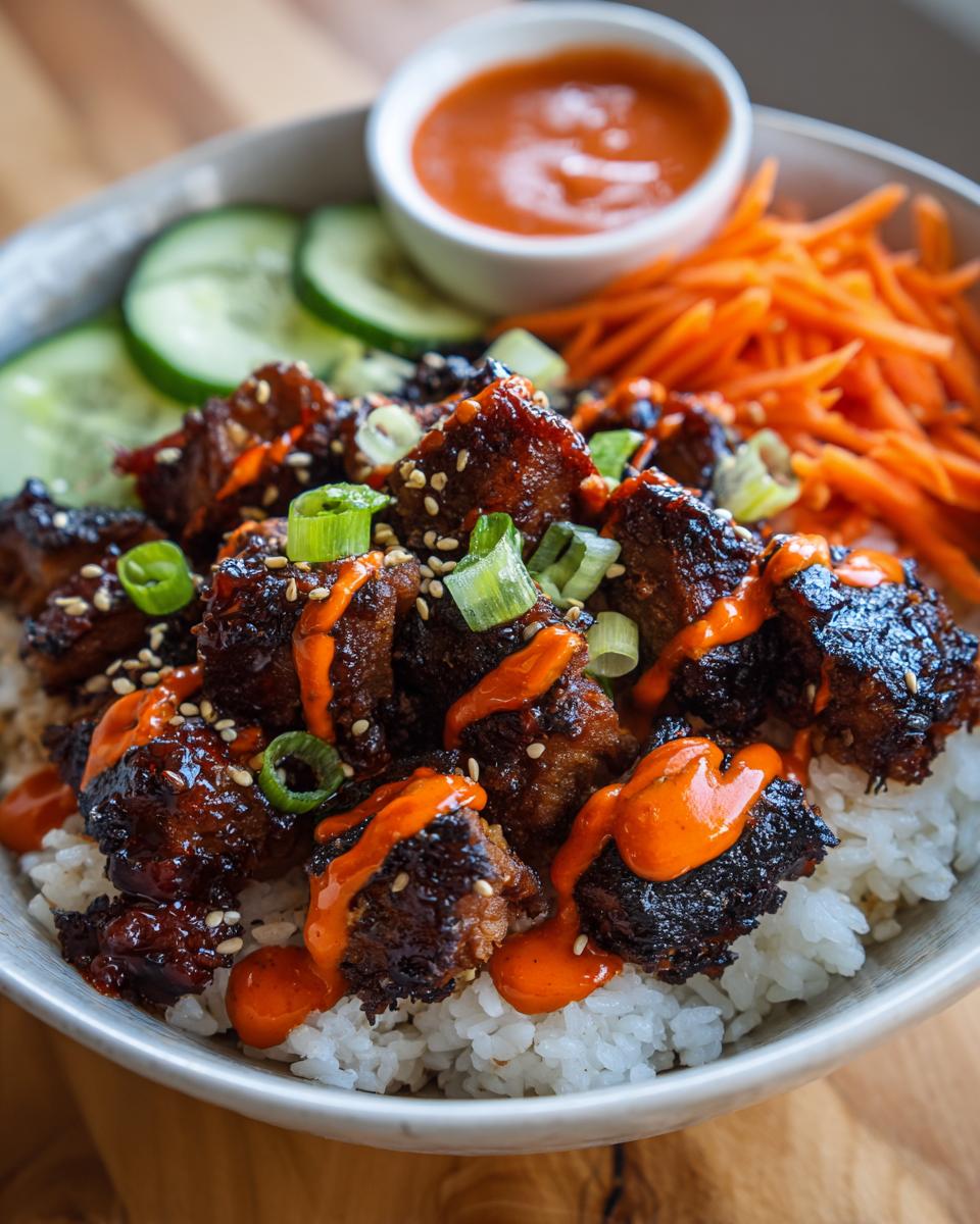 Close-up of Chicken Bulgogi Bowls topped with Gochujang Spicy Mayo, sesame seeds, and scallions over rice.