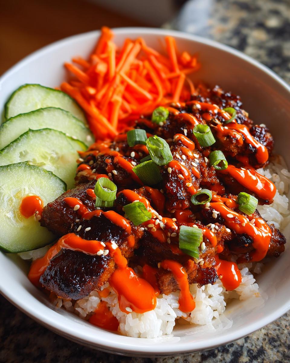 Close-up of Chicken Bulgogi Bowls with rice, topped with spicy mayo, green onions, and sesame seeds.