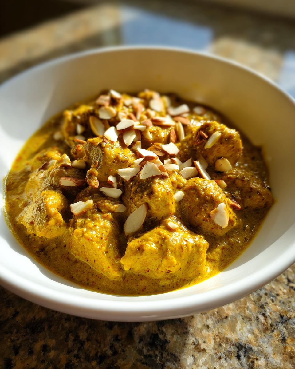 Close-up of creamy, yellow Chicken Korma served in a white bowl and garnished with slivered almonds.