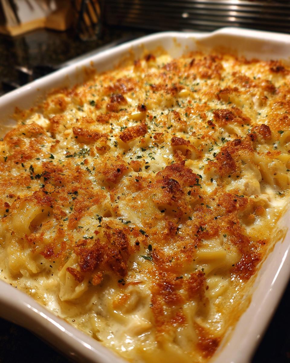 Close-up of a baked Chicken Noodle Casserole in a white dish with a golden, crispy breadcrumb topping.