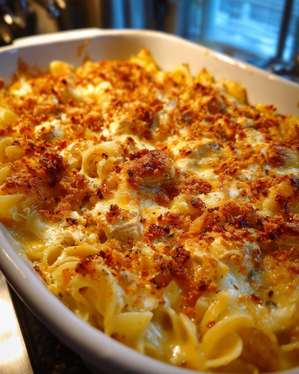 Close-up of freshly baked Chicken Noodle Casserole bubbling in a white dish with a golden brown, crunchy breadcrumb topping.