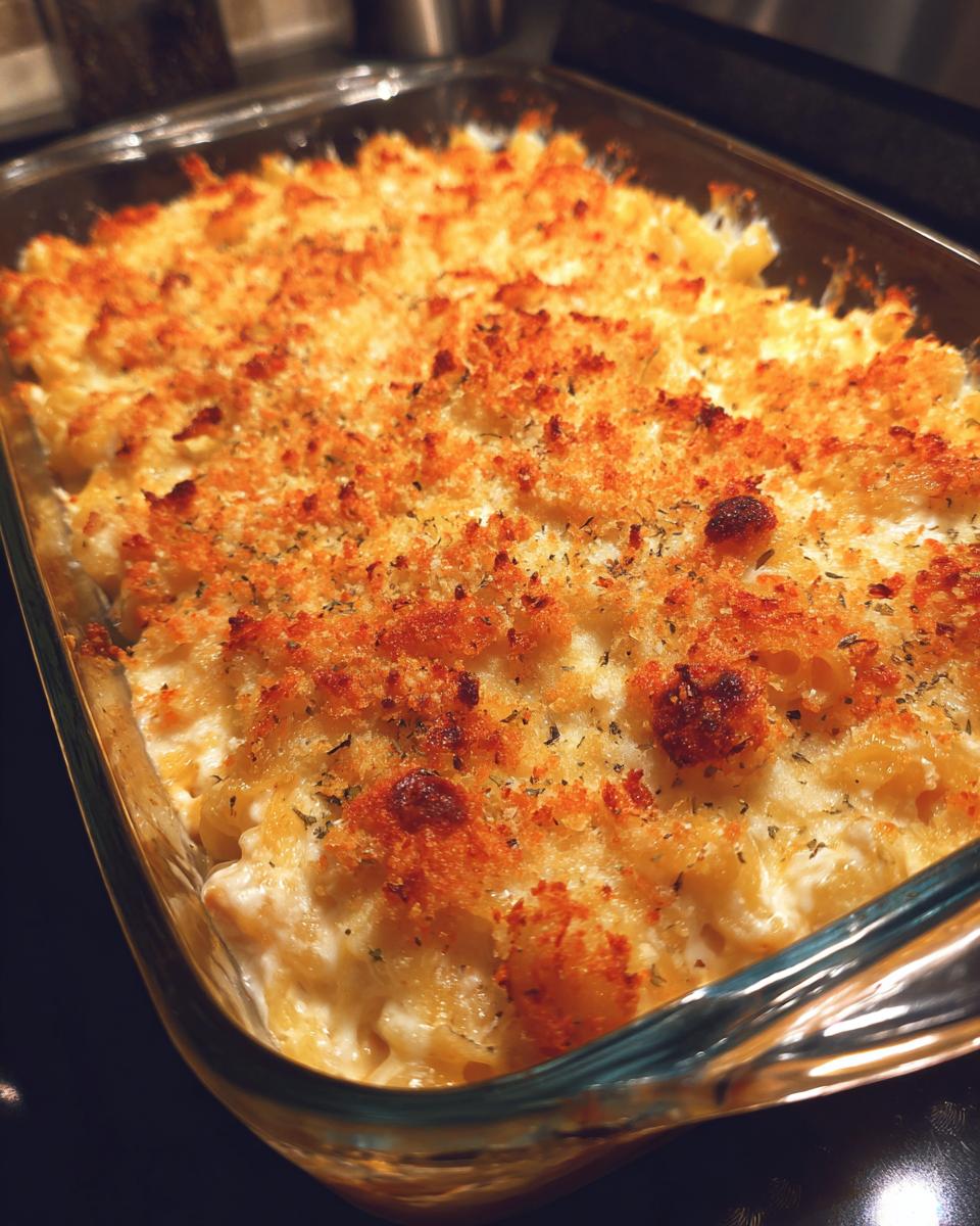 Close-up of a baked Chicken Noodle Casserole with a golden, crispy breadcrumb topping.