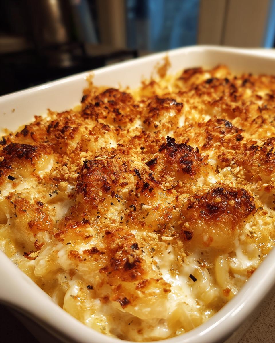 Close-up of a baked Chicken Noodle Casserole with a creamy interior and a crispy, golden-brown breadcrumb topping.
