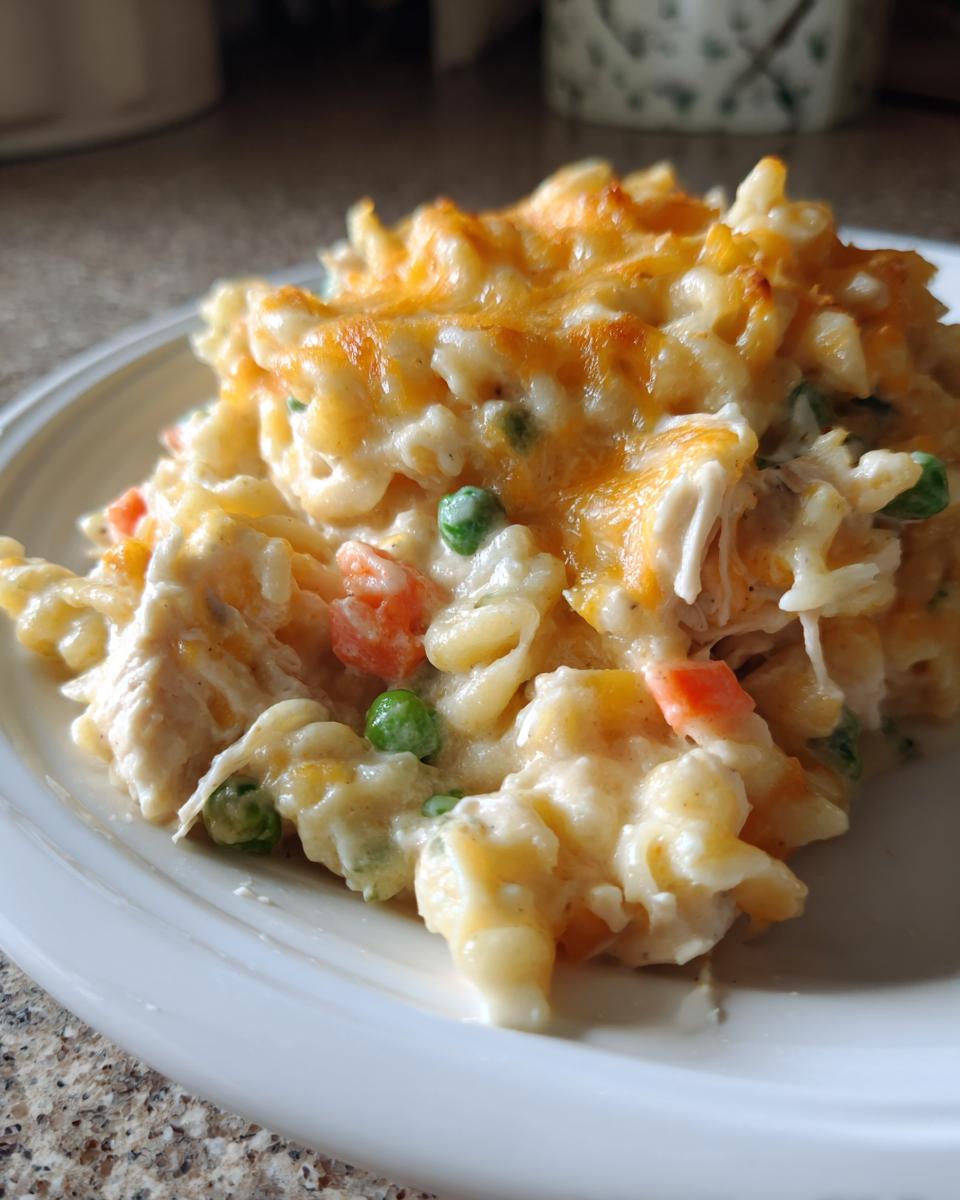 A close-up of a creamy serving of Chicken Pot Pie Pasta topped with melted cheddar cheese, peas, and carrots.
