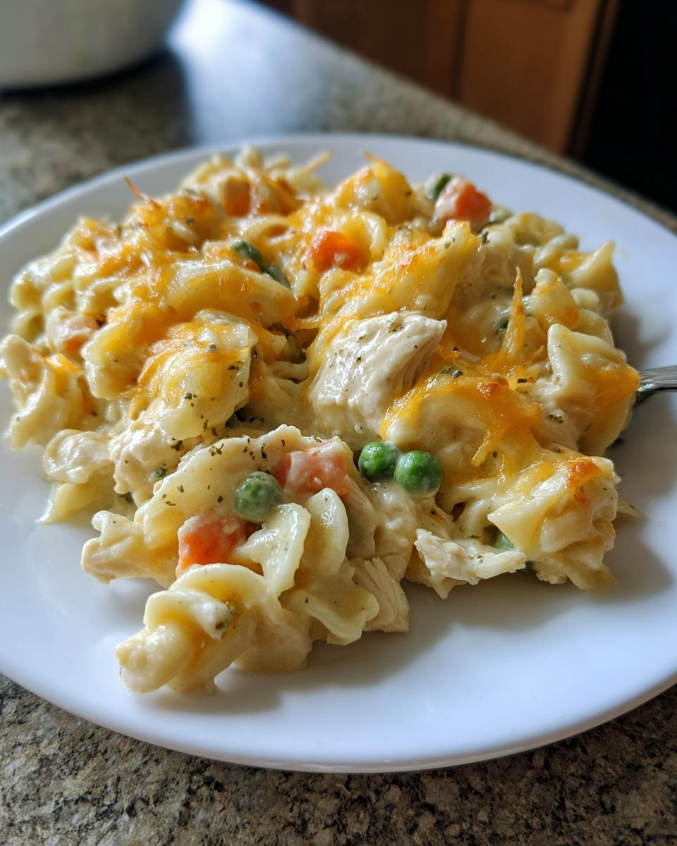Close-up of a serving of creamy Chicken Pot Pie Pasta topped with melted cheddar cheese, peas, and carrots.