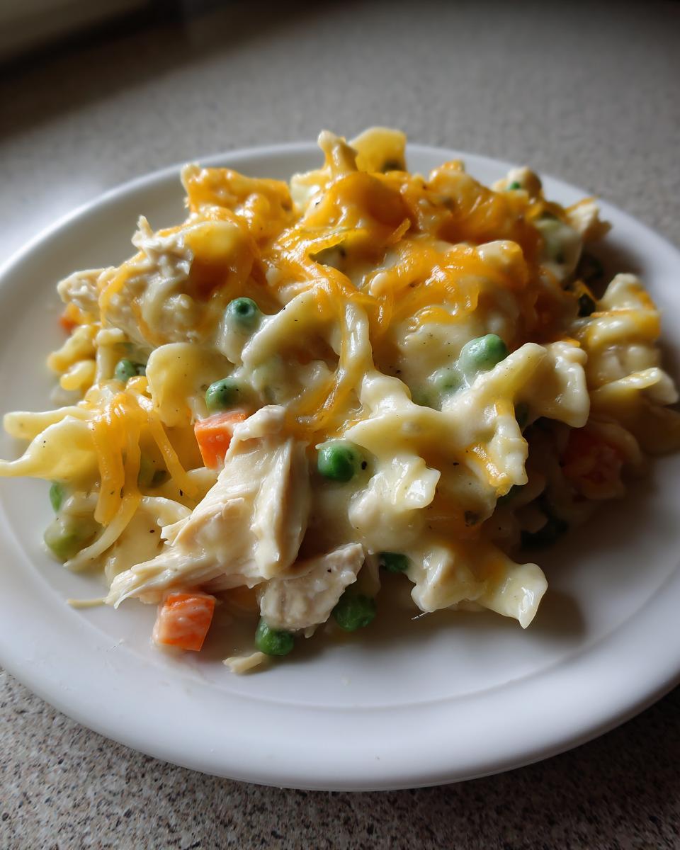 A close-up of a serving of creamy Chicken Pot Pie Pasta topped with melted shredded cheddar cheese, peas, and carrots.