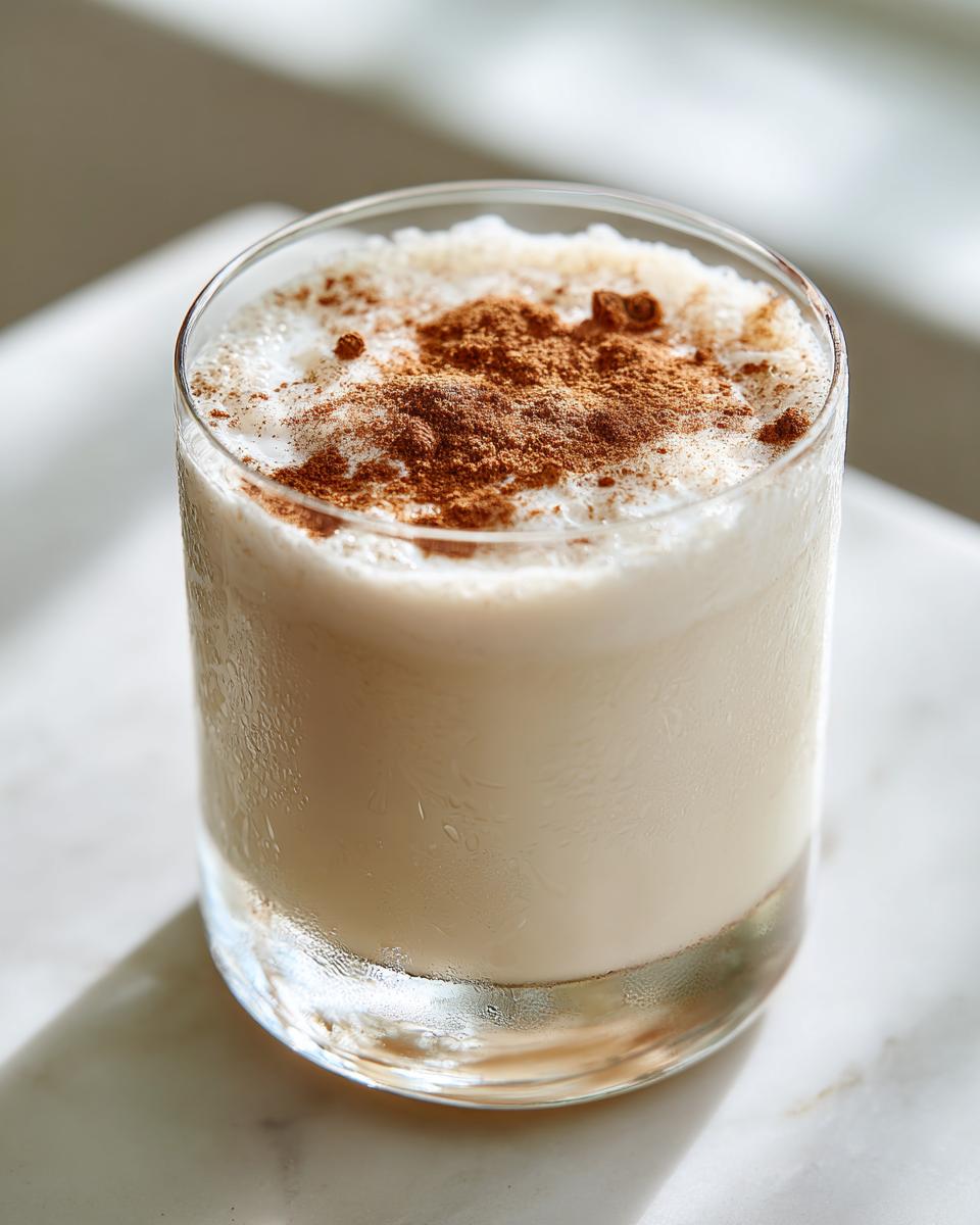 Close-up of a chilled glass of creamy Puerto Rican Coquito topped with ground cinnamon.