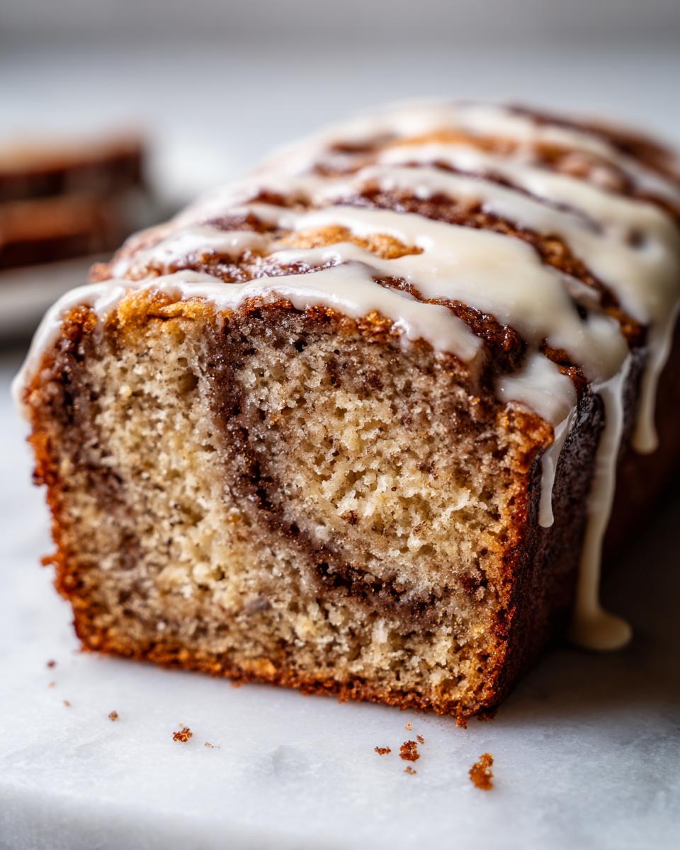 A close-up cross-section of moist Cinnamon Roll Banana Bread drizzled with white icing.
