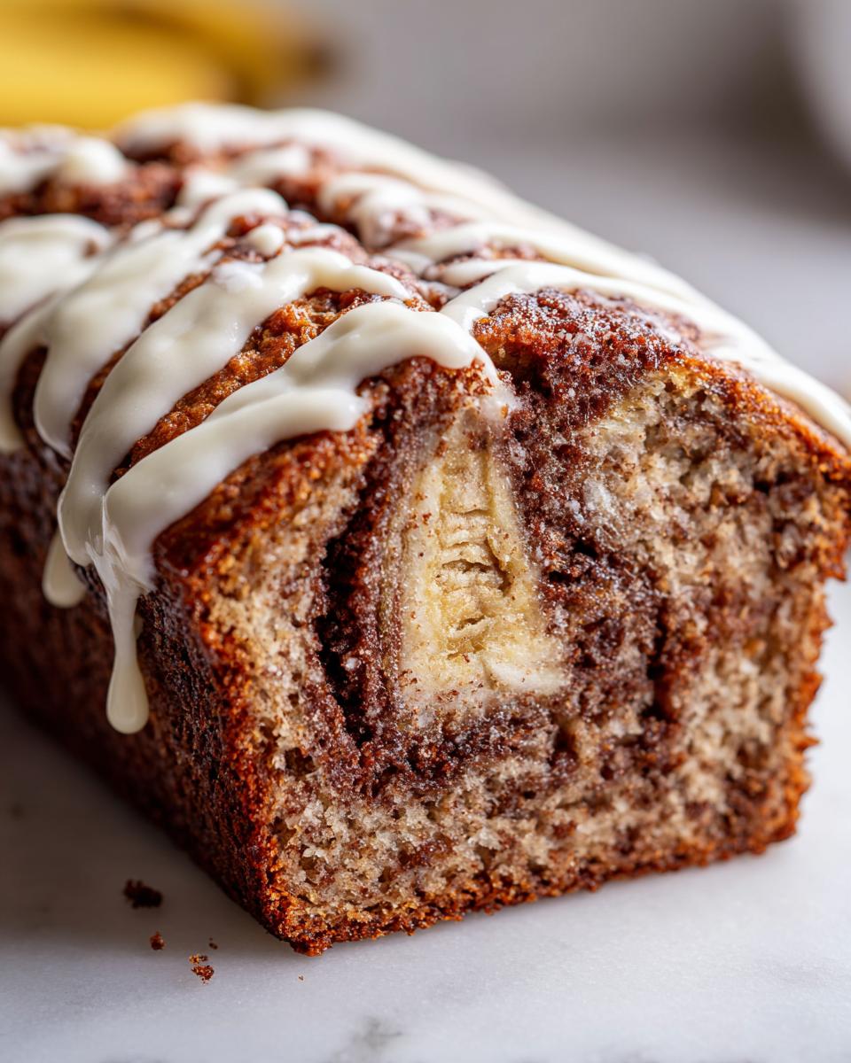 A close-up cross-section of Cinnamon Roll Banana Bread showing a swirl of cinnamon filling and a whole banana piece inside, drizzled with white icing.