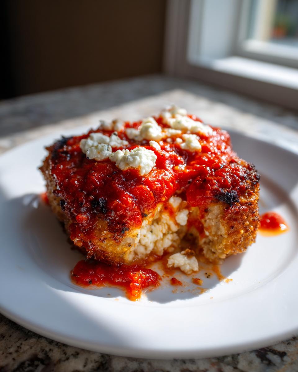 Close-up of a portion of the Cottage Cheese Chicken Parm Bowl, showing the breaded exterior, marinara sauce, and white cottage cheese filling.