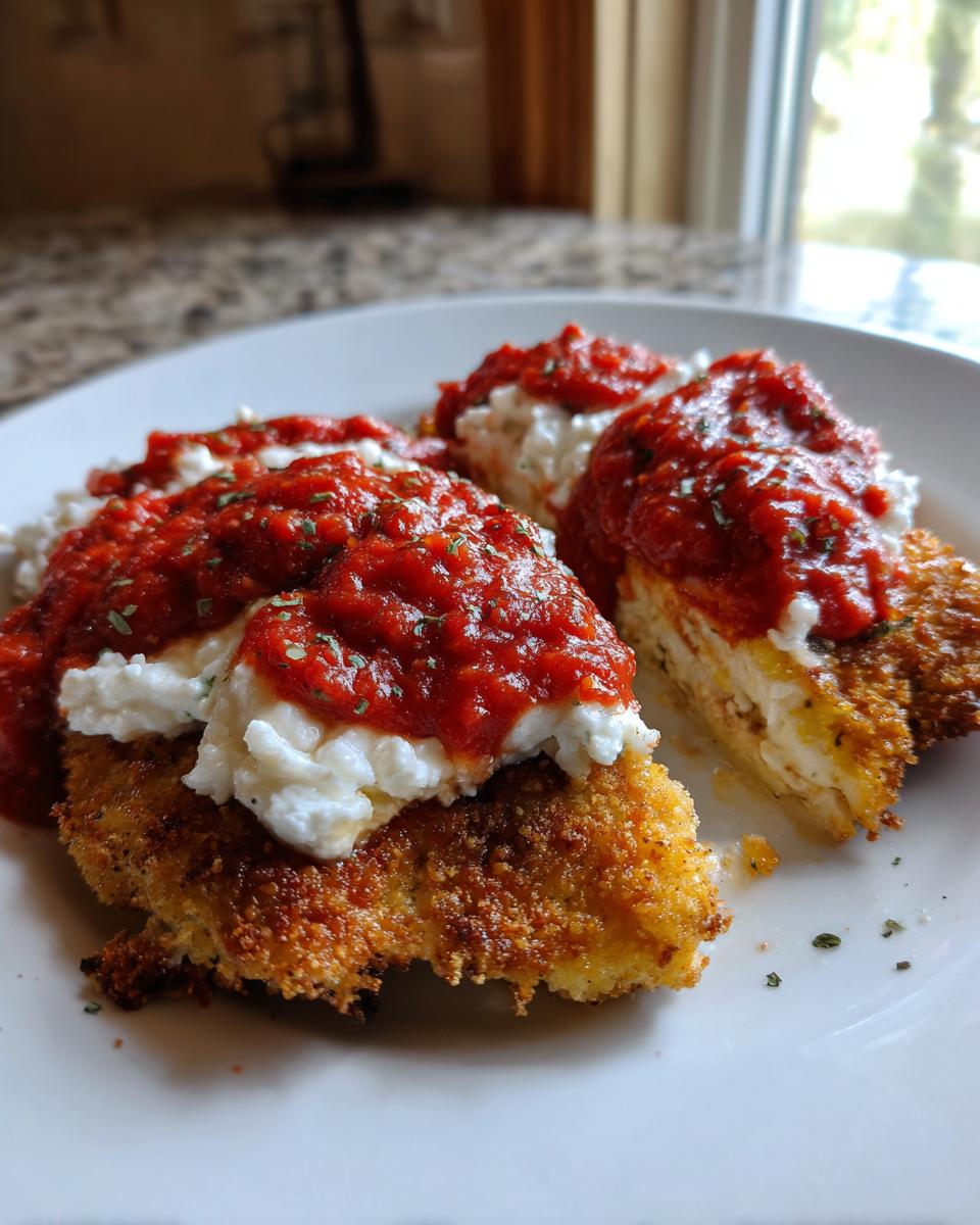 Three breaded chicken pieces topped with cottage cheese and marinara sauce for the Cottage Cheese Chicken Parm Bowl.