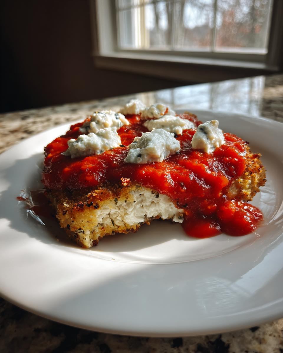 Close-up of a breaded chicken cutlet topped with marinara sauce and dollops of cottage cheese in a Cottage Cheese Chicken Parm Bowl.