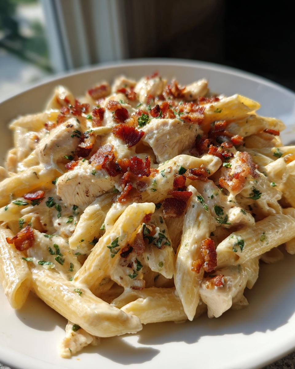 Close-up of a bowl of creamy Crack Chicken Penne pasta topped generously with crispy bacon bits and parsley.