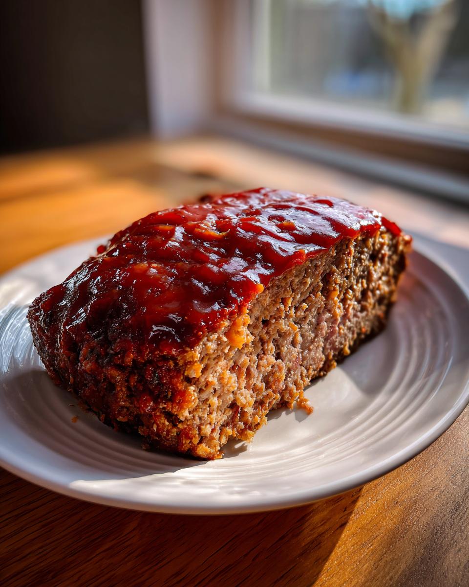 A thick slice of Cracker Barrel Meatloaf topped with a shiny, thick red glaze, served on a white plate.